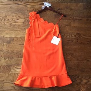 One shoulder orange scallop dress